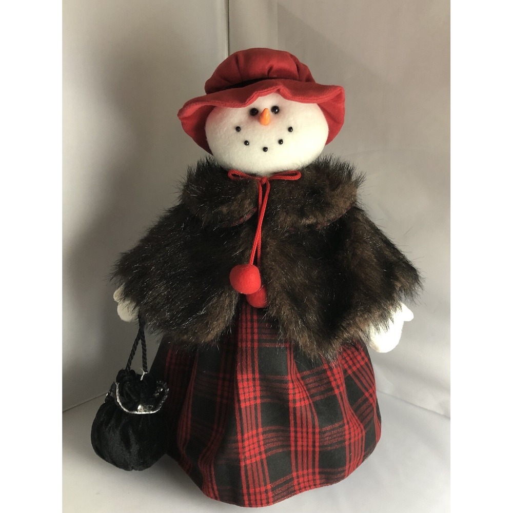 Large Snowman Christmas Decoration 16.5" Tall Faux Fur Plaid Dress Handbag